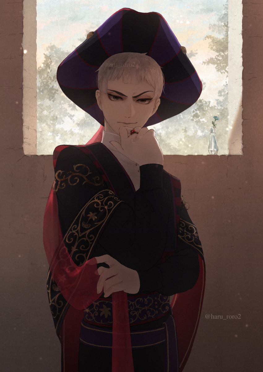 1boy, absurdres, backlighting, closed_mouth, commentary_request, grey_hair, hat, highres