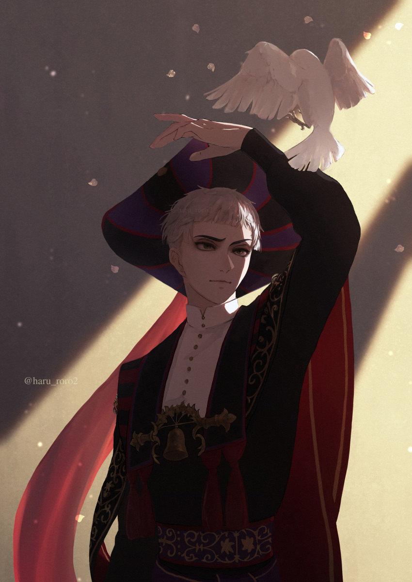 1boy, absurdres, arm_up, bell, bird, closed_mouth, commentary_request, dove
