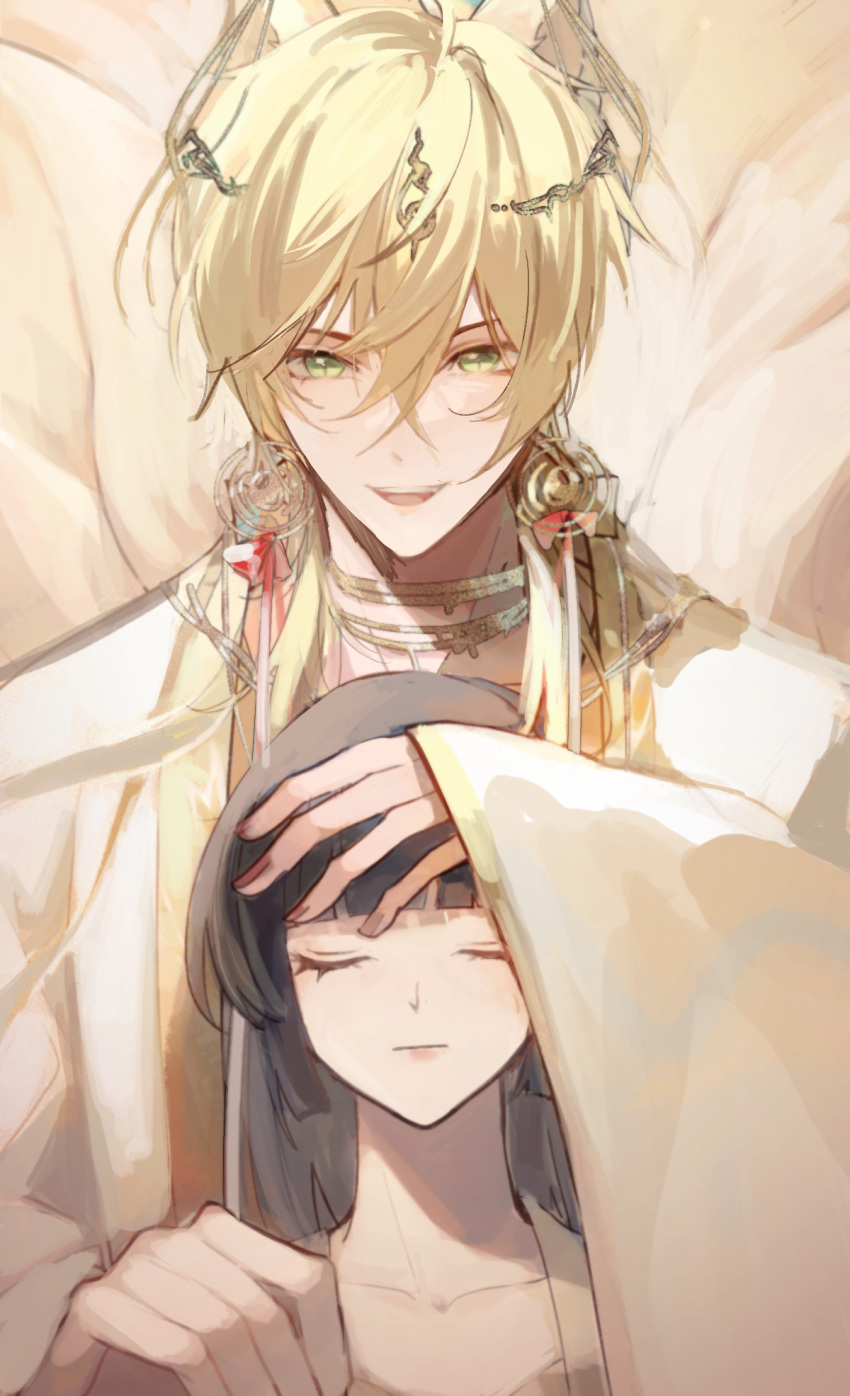 1boy, :d, alkaid_mcgrath, alkaid_mcgrath_(myths_wonders), animal_ears, ashan577, black_hair, blonde_hair