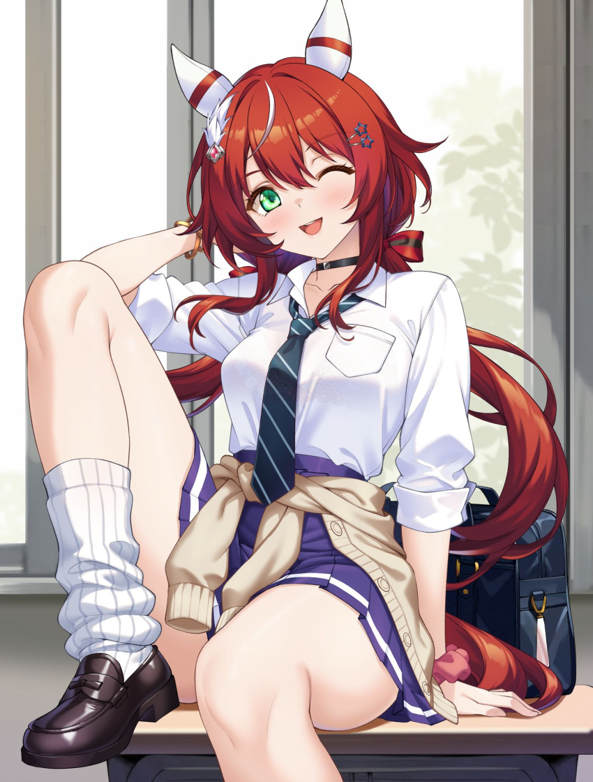 1girl, alternate_costume, animal_ears, breasts, commentary_request, commission, desk, green_eyes