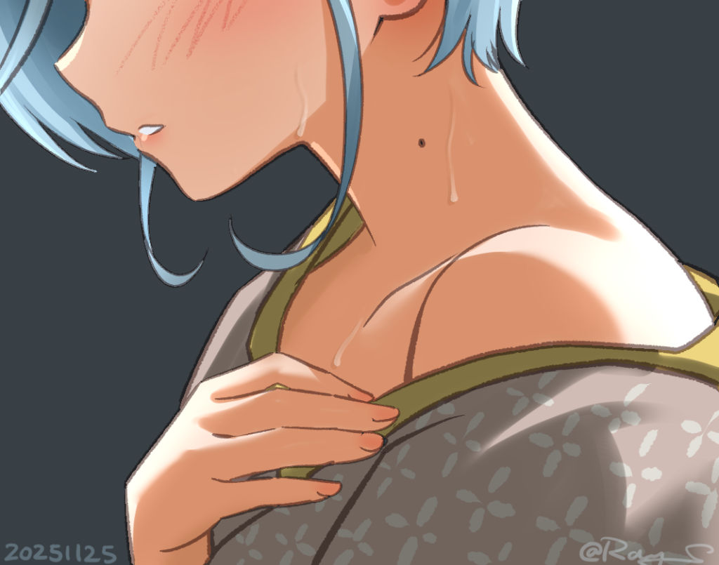 1girl, commentary_request, dated, floral_print, grey_background, grey_hair, grey_kimono, hand_on_own_chest