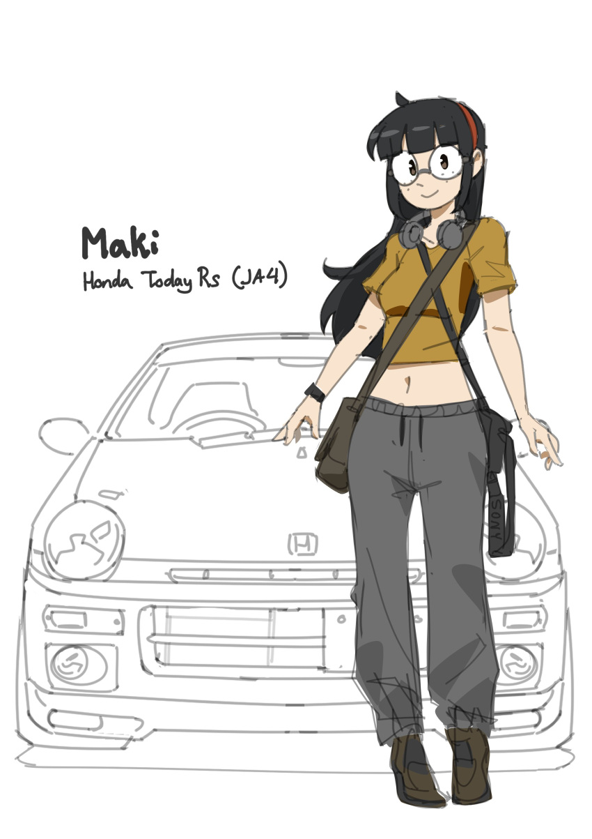 1girl, absurdres, black_hair, blunt_bangs, breasts, brown_bag, brown_eyes, brown_shoes