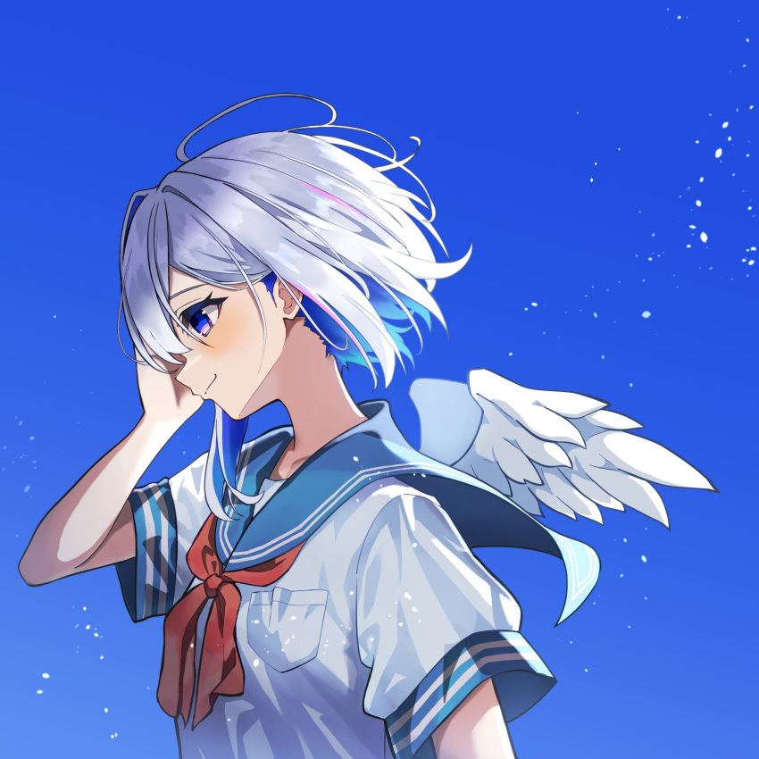 123haruno_oto, 1girl, amane_kanata, blue_eyes, blue_sailor_collar, blue_sky, breast_pocket, closed_mouth