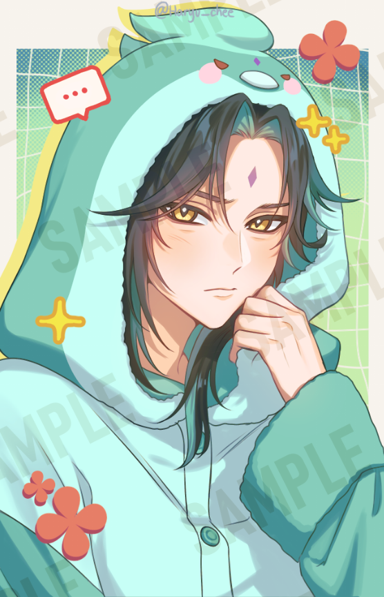 ..., 1boy, aqua_hood, black_hair, closed_mouth, facial_mark, forehead_mark, genshin_impact, green_hair, haryu_chee, hood, hood_up, long_sleeves, looking_at_viewer, male_focus, multicolored_hair, short_hair, short_hair_with_long_locks, simple_background, solo, xiao_(bird)_(genshin_impact), xiao_(genshin_impact), yellow_eyes