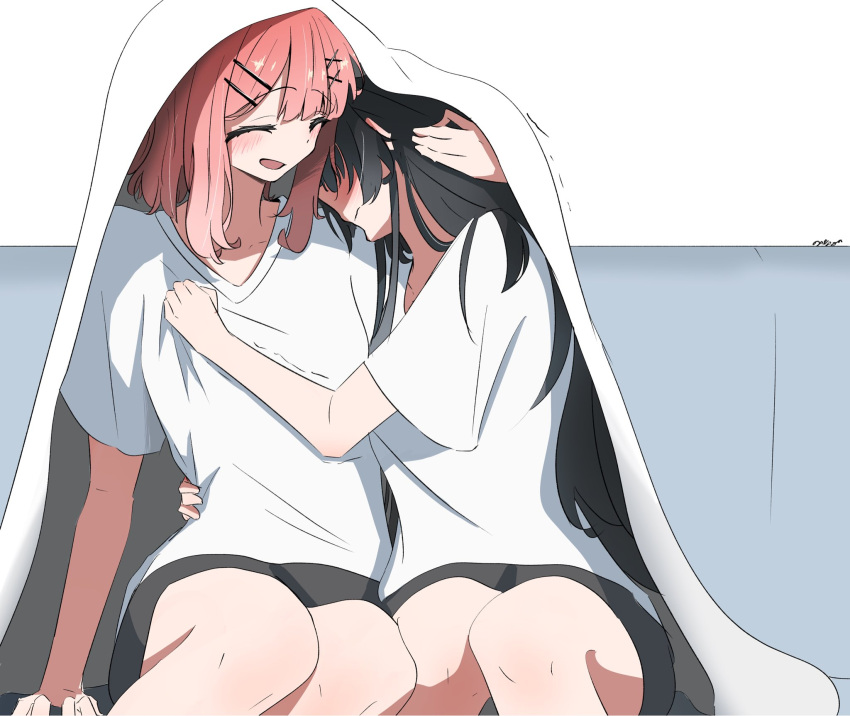 2girls, amaori_renako, black_hair, black_shorts, blush, closed_eyes, closed_mouth, commentary_request