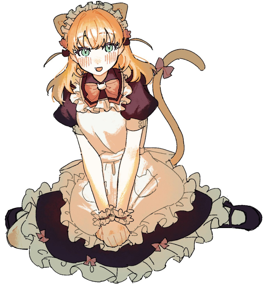 1girl, :d, animal_ears, apron, aqua_eyes, black_dress, bow, bowtie