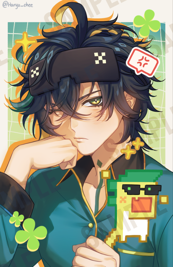 1boy, ajaw_(genshin_impact), aqua_pajamas, black_hair, blindfold, blonde_hair, chest_tattoo, closed_mouth