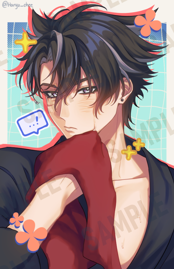 ...!, 1boy, black_hair, black_shirt, earrings, genshin_impact, grey_eyes, grey_hair