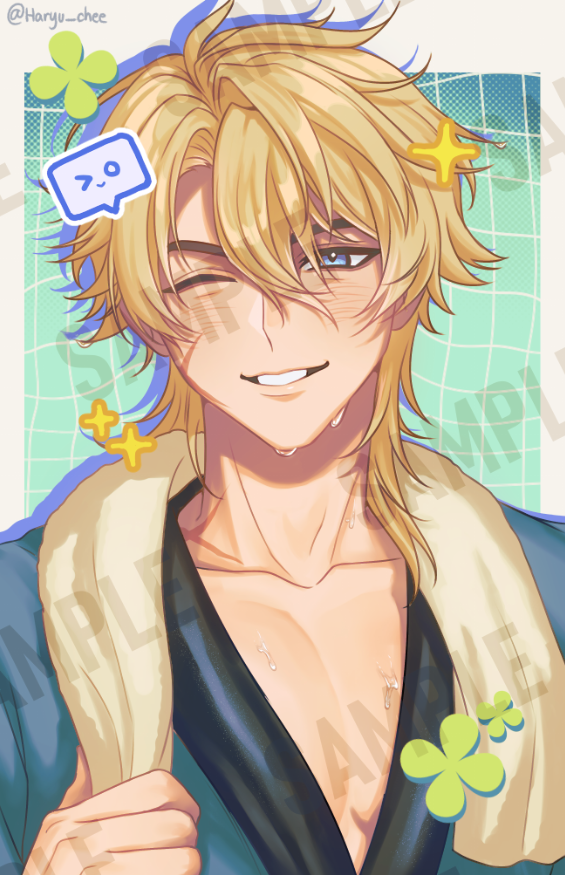 >_o, 1boy, blonde_hair, blue_eyes, commentary, english_commentary, genshin_impact, hair_between_eyes