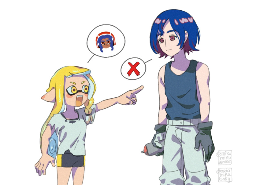 1boy, 1girl, ariamikukanzaki, black_gloves, black_tank_top, blonde_hair, blue_hair, braid