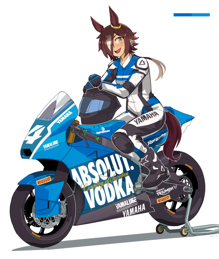 1girl, absurdres, alternate_costume, animal_ears, biker_clothes, bikesuit, black_gloves, blue_bodysuit