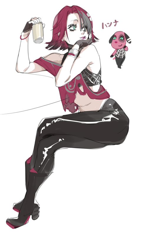 1girl, animal_crossing, aqua_eyes, bare_shoulders, black_boots, black_pants, boots, bracelet