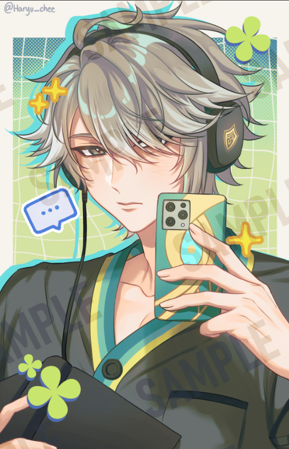 1boy, alhaitham_(genshin_impact), aqua_eyes, black_pajamas, cellphone, closed_mouth, genshin_impact, grey_hair