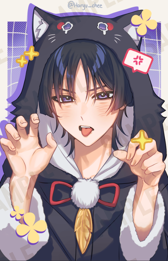 1boy, animal_costume, animal_ears, animal_hood, black_hair, black_hood, cat_costume, cat_ears