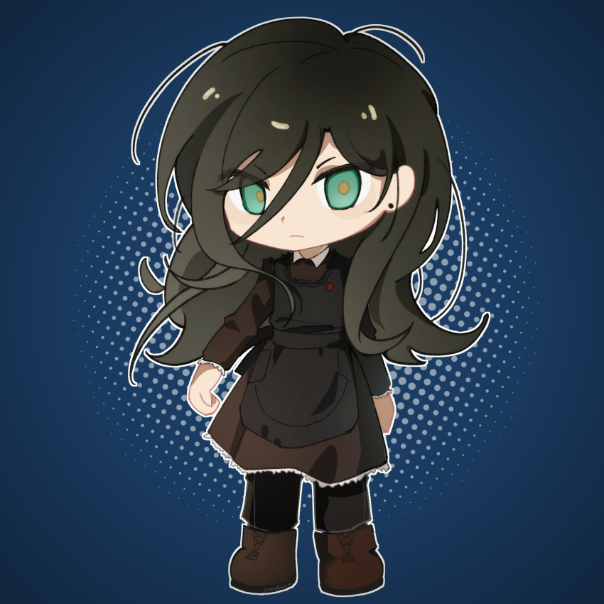 1girl, apron, black_apron, black_hair, blue_background, boots, brown_boots, brown_dress, chibi, chibi_only, commentary, dress, ear_piercing, english_commentary, frown, green_eyes, hair_between_eyes, highres, ira_grachevskaya, long_hair, looking_at_viewer, outline, piercing, pseudoc01or, solo, white_outline, yellow_pupils, z.a.t.o._//_i_love_the_world_and_everything_in_it