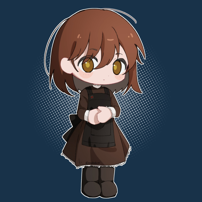 1girl, apron, asya_shubina, black_apron, blue_background, boots, brown_boots, brown_dress, brown_eyes, brown_hair, chibi, chibi_only, dress, expressionless, hashtag-only_commentary, highres, looking_at_viewer, medium_hair, outline, own_hands_together, pseudoc01or, solo, white_outline, yellow_pupils, z.a.t.o._//_i_love_the_world_and_everything_in_it
