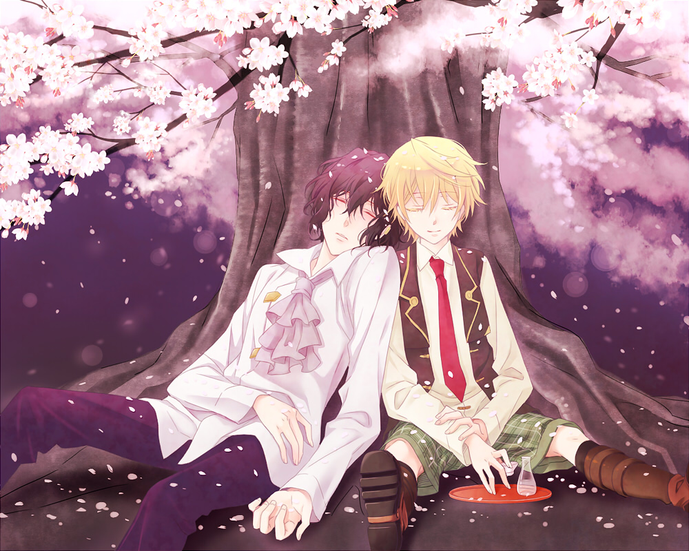 blonde_hair, brown_hair, cherry_blossoms, closed_eyes, eyes_closed, gilbert_nightray, iz_9, multiple_boys, oz_vessalius, pandora_hearts, short_hair, sleeping, tree