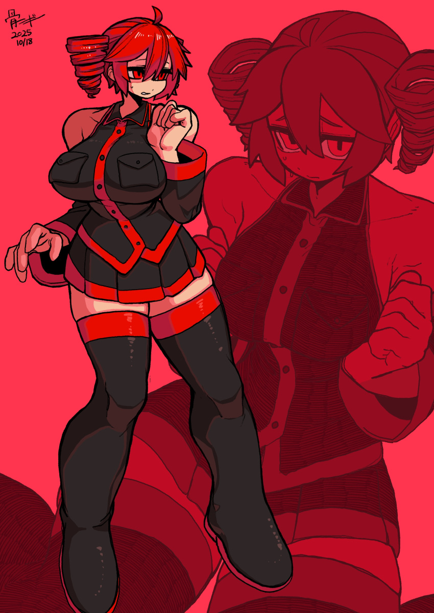 1girl, absurdres, black_shirt, black_skirt, black_sleeves, bone_nigi, boots, breast_pocket, breasts, commentary_request, detached_sleeves, drill_hair, full_body, hair_between_eyes, hand_up, highres, kasane_teto, kasane_teto_(utau), looking_at_viewer, multiple_views, nervous, pleated_skirt, plump, pocket, red_eyes, red_hair, red_theme, red_trim, shirt, skirt, sleeveless, sleeveless_shirt, solo, standing, sweat, thick_thighs, thigh_boots, thighs, twin_drills, twintails, utau