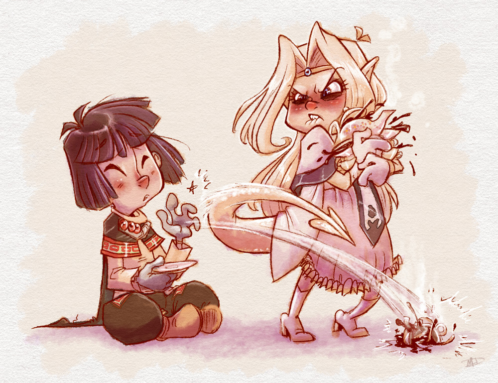 biting, blonde_hair, blue_eyes, boots, breaking, cape, cup, dragon_tail