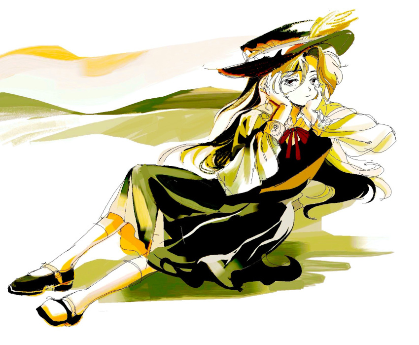 1990s_(style), 1girl, 6osquet, black_dress, black_hat, black_shoes, blonde_hair, bored