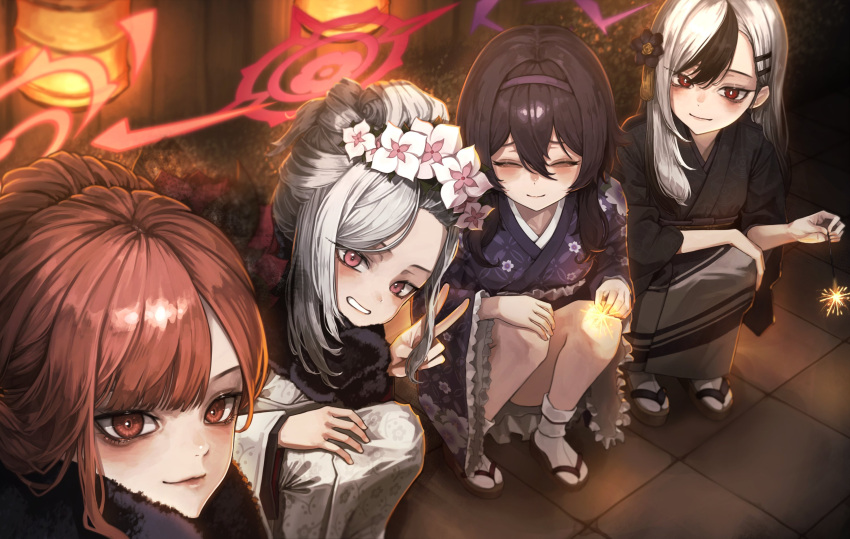 4girls, aru_(blue_archive), aru_(new_year)_(blue_archive), black_hair, black_kimono, blue_archive, blush, breasts