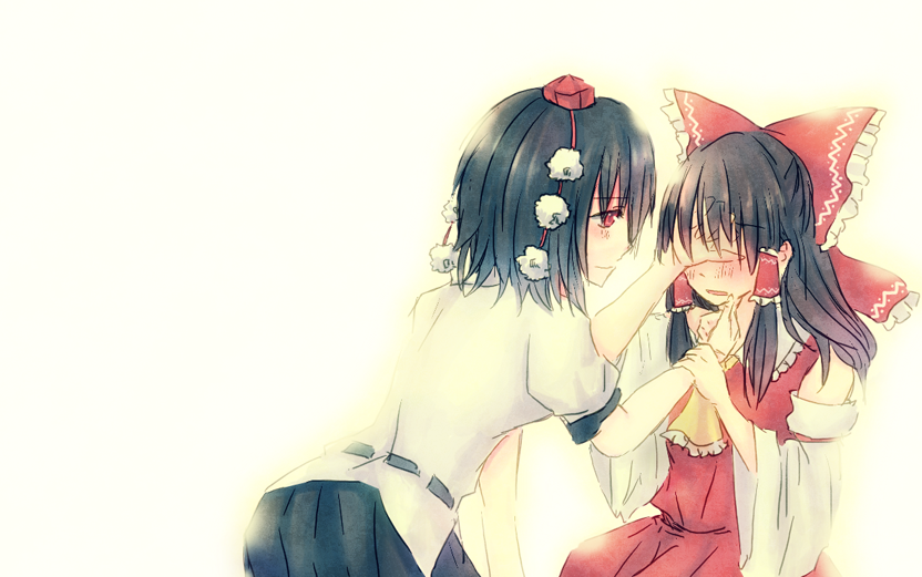 (yumemaboroshi), ascot, black_hair, blush, bow, detached_sleeves, dress, hair_bow