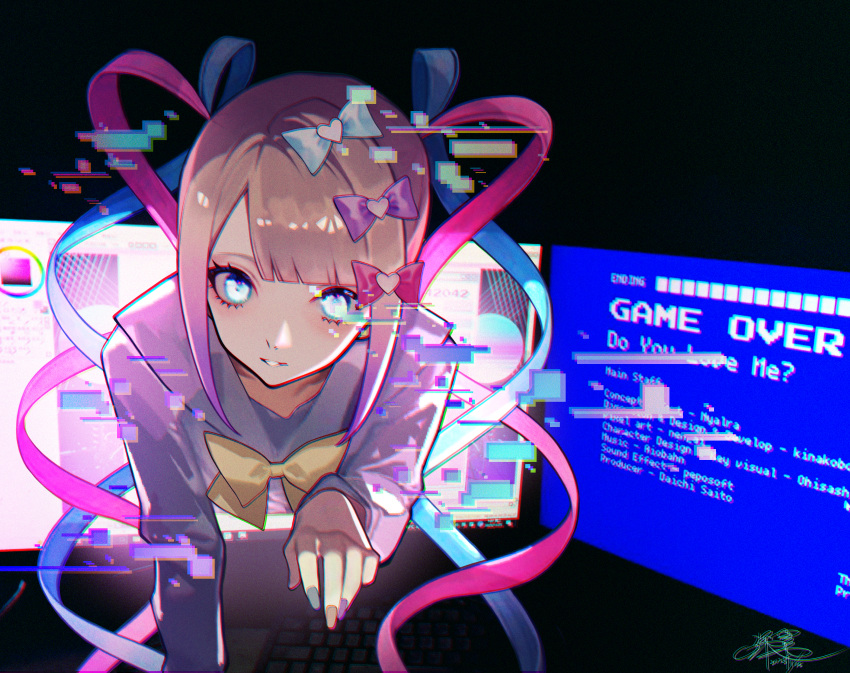 1girl, absurdres, blonde_hair, blue_bow, blue_eyes, blue_hair, blue_nails, blue_screen_of_death