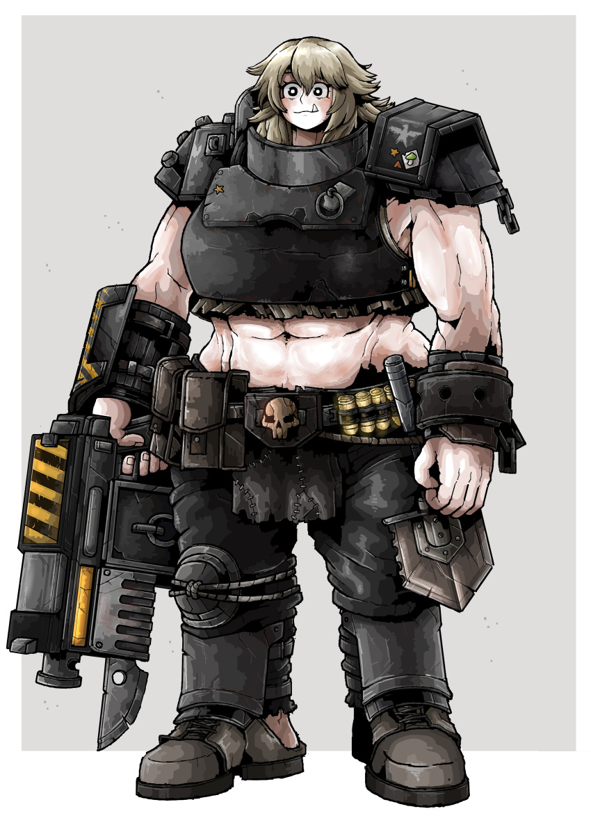 1girl, abs, absurdres, armor, arms_at_side, astra_militarum, axe, bandolier, battle_axe, bayonet, belt, belt_pouch, black_eyes, blonde_hair, boots, border, bright_pupils, commentary, dinka_(octosoup), double-sided_axe, english_commentary, fang, fang_out, full_body, gorget, grey_background, gun, highres, holding, holding_gun, holding_weapon, imperium_of_man, knee_pads, looking_at_viewer, medium_hair, midriff, military, muscular, muscular_female, octosoup, ogryn, original, pants, pouch, ripper_gun, shin_guards, shoulder_armor, single_knee_pad, skull, sleeveless, smile, soldier, solo, standing, warhammer_40k, weapon, white_border, wrist_guards