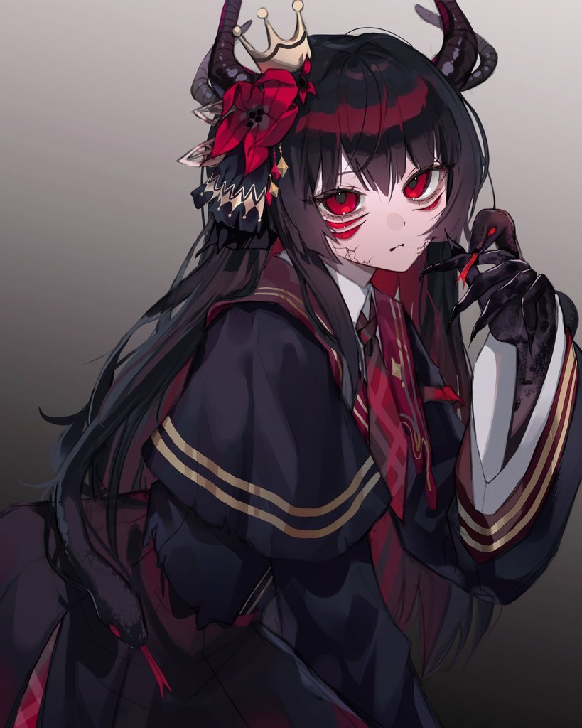 1girl, black_hair, black_hands, black_horns, black_shirt, black_skirt, claws, closed_mouth
