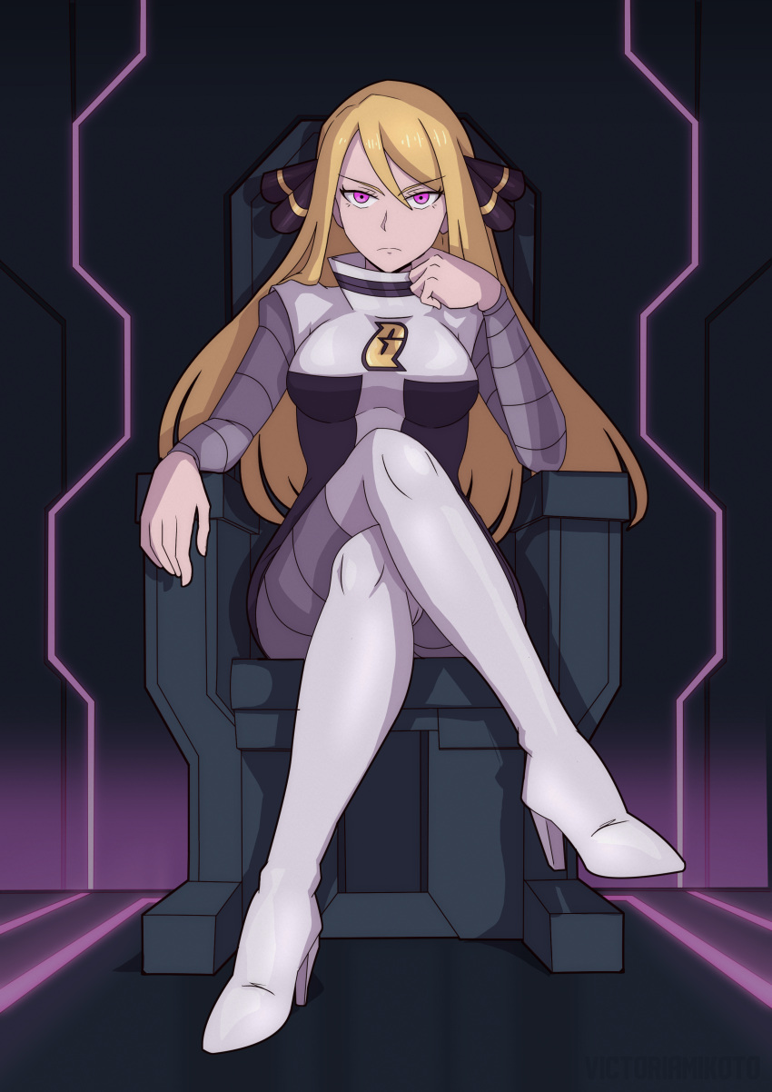 1girl, absurdres, blonde_hair, boots, chair, corruption, crossed_legs, cynthia_(pokemon)