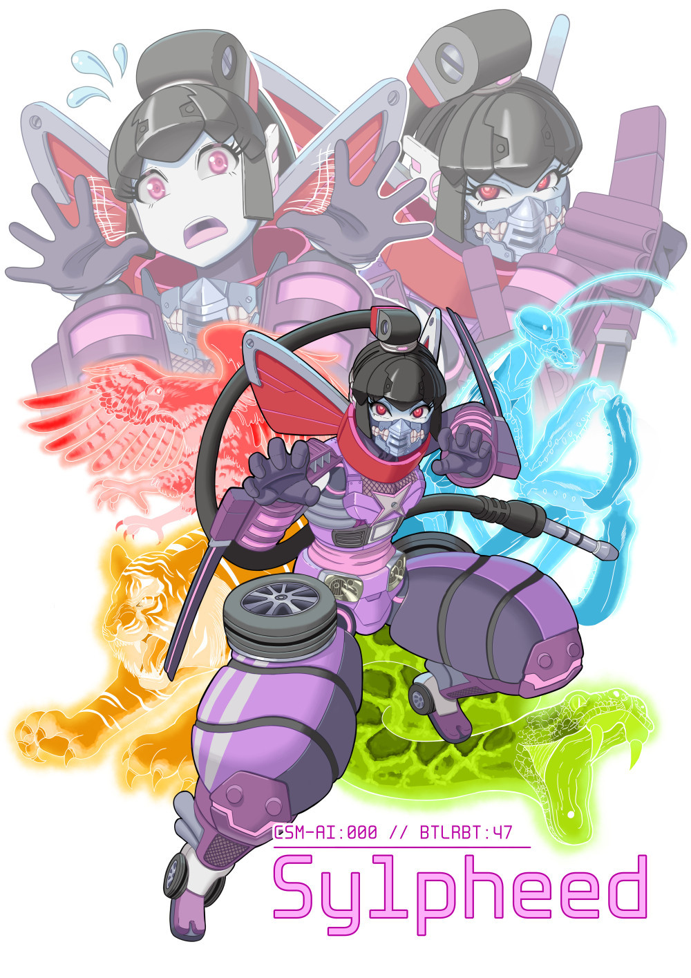 1girl, a0robo, bird, black_hair, fighting_stance, hawk, highres, mask, metal_hair, metal_skin, mouth_mask, open_mouth, original, ponytail, praying_mantis, red_eyes, robot_girl, snake, thick_thighs, thighs, tiger