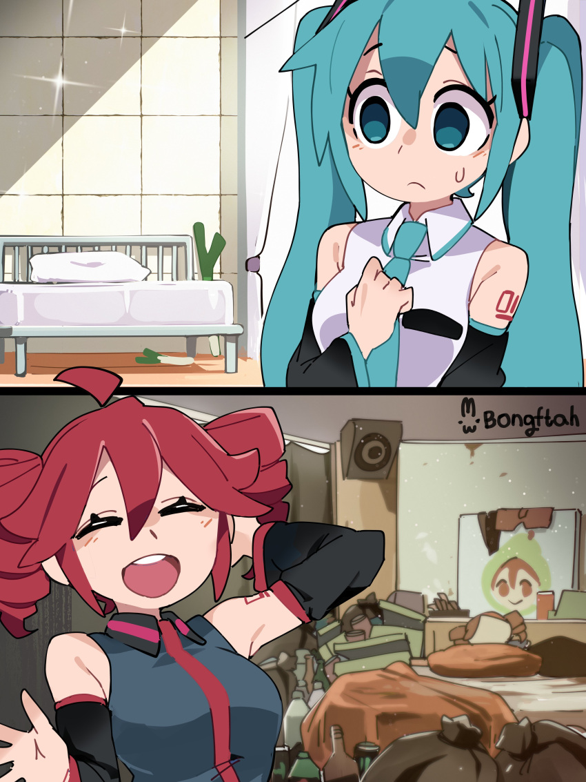 2girls, :d, ^_^, absurdres, aqua_hair, artist_name, bed, black_shirt