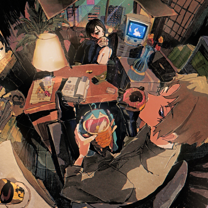 1boy, 1girl, banknote, black_hair, blonde_hair, blue_eyes, chair, coin