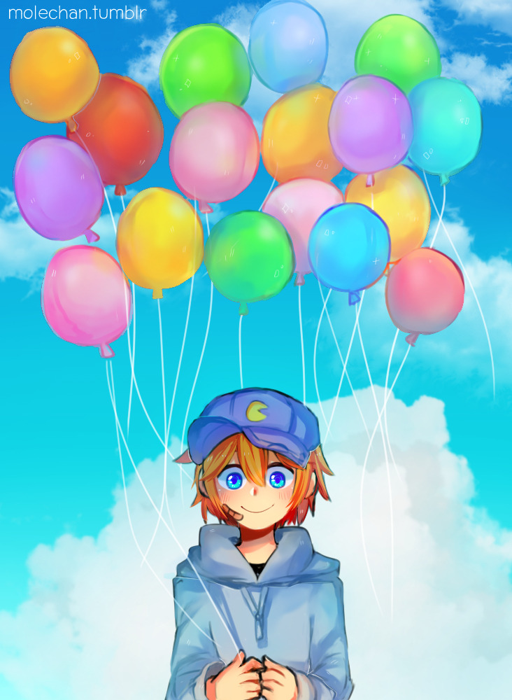 1boy, aged_down, animification, artist_name, balloon, bandaid, bandaid_on_face, baseball_cap