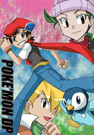 1girl, 2boys, barry_(pokemon), blonde_hair, brown_eyes, brown_hair, copyright_name, green_hair