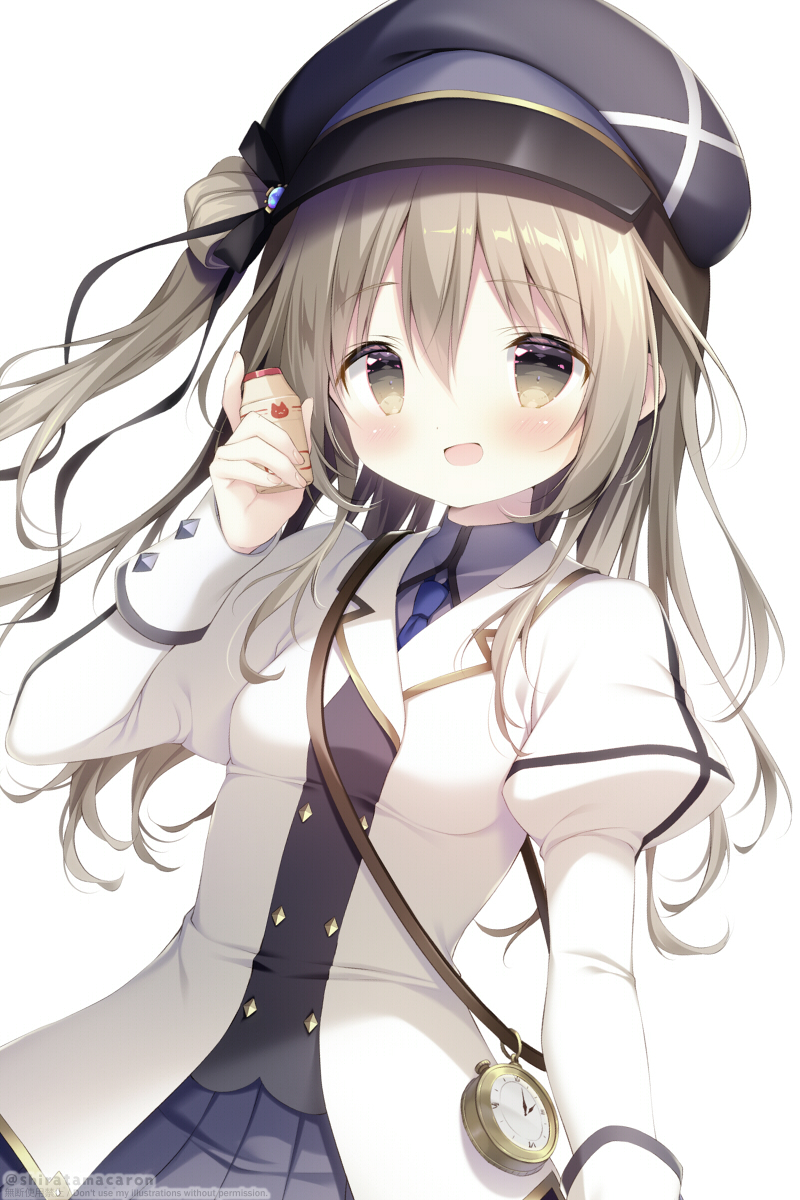 1girl, :d, black_hat, blue_necktie, blush, bottle, brown_eyes, brown_hair