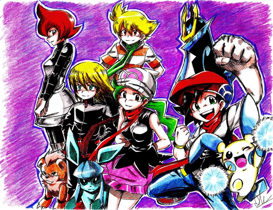 2girls, 3boys, absurdres, barry_(pokemon), black_eyes, black_hair, blonde_hair, blue_eyes