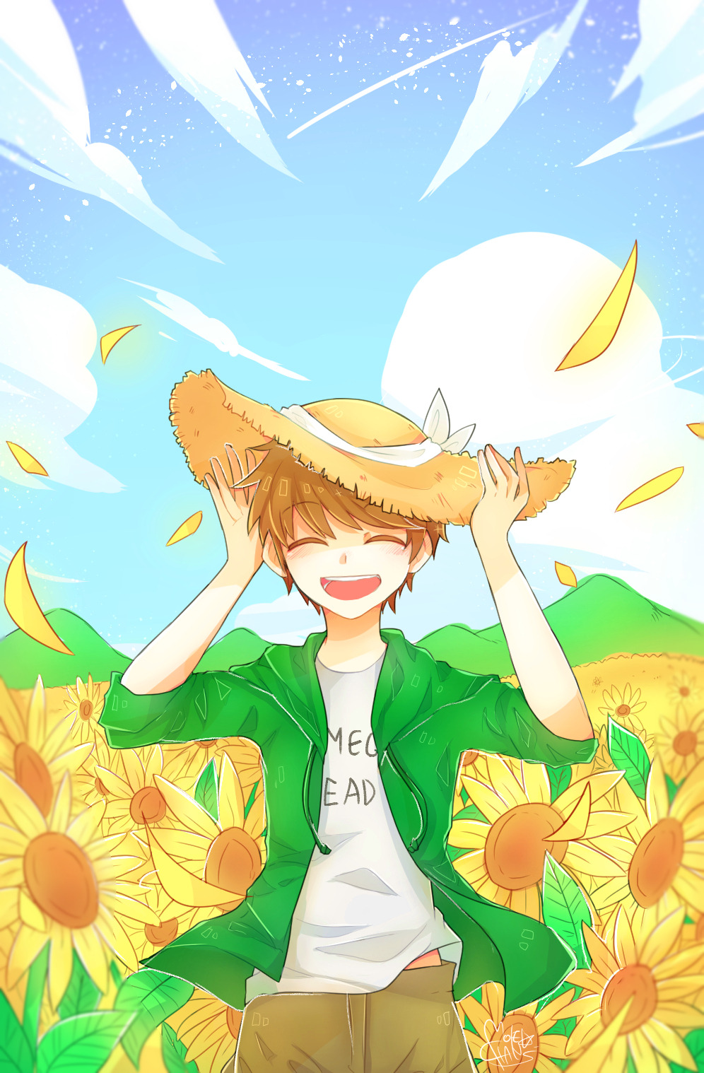 1boy, animification, arms_up, blue_sky, brown_hair, brown_pants, closed_eyes, clothes_writing, clouds, commentary, edd_(eddsworld), eddsworld, english_commentary, flower, green_hoodie, happy, hat, highres, hood, hood_down, hoodie, male_focus, molechan, open_clothes, open_hoodie, open_mouth, outdoors, pants, petals, shirt, short_hair, signature, sky, smile, solo, standing, straw_hat, sunflower, white_shirt, yellow_flower