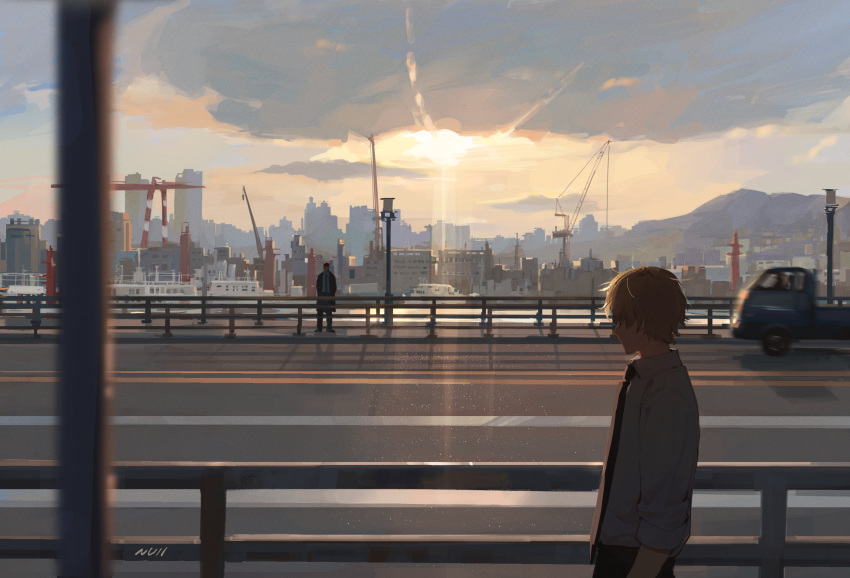 1boy, 1girl, artist_name, black_necktie, blonde_hair, building, chainsaw_man, city, cityscape, clouds, collared_shirt, commentary_request, covered_eyes, crane_(machine), denji_(chainsaw_man), faceless, faceless_female, highres, kei_truck, korean_commentary, light_rays, makima_(chainsaw_man), motion_blur, motor_vehicle, multi-lane_road, necktie, null_(skev7724), outdoors, pickup_truck, railing, road, scenery, shirt, short_hair, signature, sky, standing, street, sunbeam, sunlight, truck, white_shirt, wide_shot