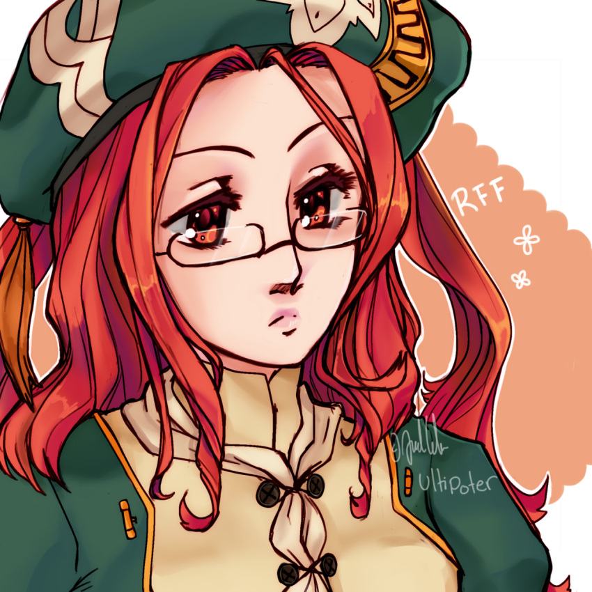 1girl, buttons, closed_mouth, commentary, copyright_name, drop_(rune_factory), english_commentary, green_hat