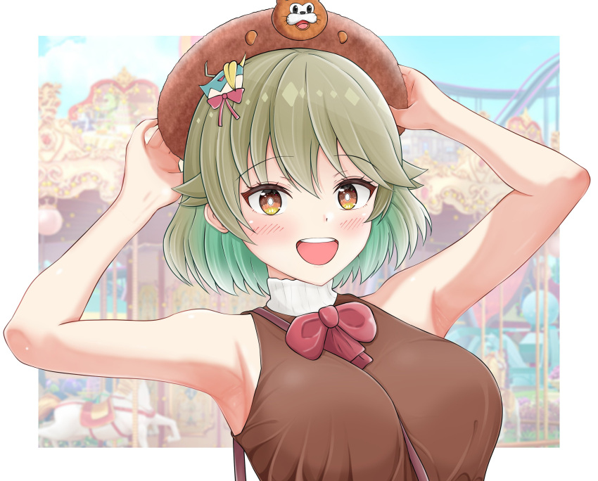 1girl, absurdres, amusement_park, aqua_hair, armpits, arms_up, between_breasts, border