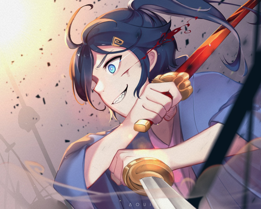 1boy, absurdres, aoui, blood, blood_on_face, blue_eyes, blue_hair, commentary