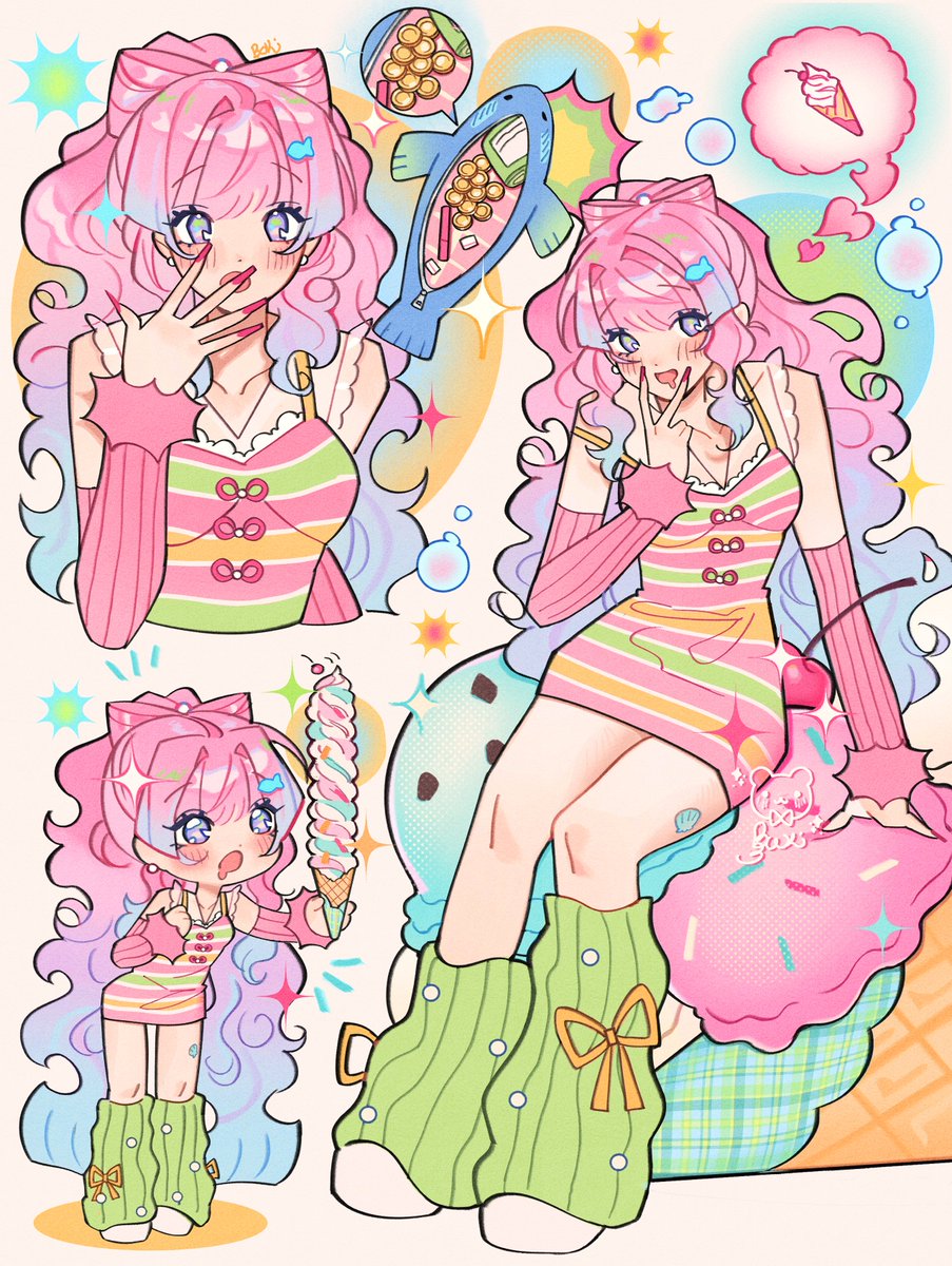 1girl, alternate_costume, blue_hair, breasts, casual, chibi, coin, commentary, dress, english_commentary, fashion, fish, fish_hair_ornament, food, genshin_impact, gradient_hair, green_leg_warmers, gyaru, hair_ornament, highres, ice_cream, leg_warmers, long_hair, looking_at_viewer, medium_breasts, mitsutadaki, multicolored_hair, multiple_views, open_mouth, pink_arm_warmers, pink_hair, pink_nails, purple_hair, sangonomiya_kokomi, sitting, sleeveless, sleeveless_dress, striped_clothes, striped_dress, very_long_fingernails, very_long_hair, violet_eyes