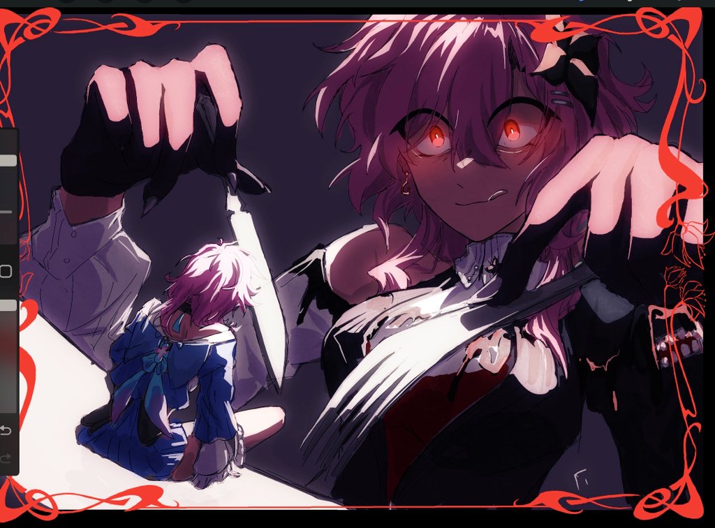 2girls, black_dress, black_gloves, caitoayu, commentary, dress, english_commentary, evernight_(honkai:_star_rail), fork, giant, giantess, gloves, holding, holding_fork, holding_knife, honkai:_star_rail, honkai_(series), knife, licking_lips, long_sleeves, march_7th_(honkai:_star_rail), mini_person, minigirl, multiple_girls, pink_hair, red_eyes, sitting, tongue, tongue_out