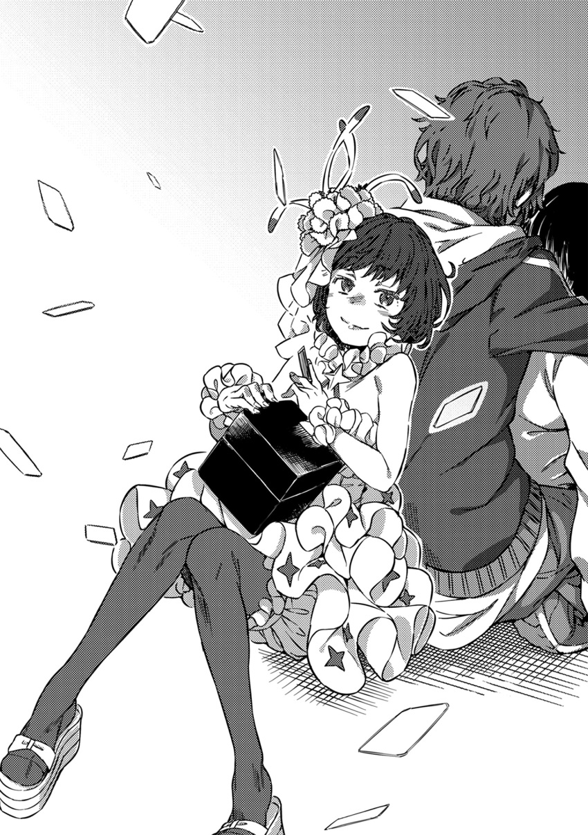 1boy, 2girls, back-to-back, bare_shoulders, bloomers, blush, box, closed_mouth