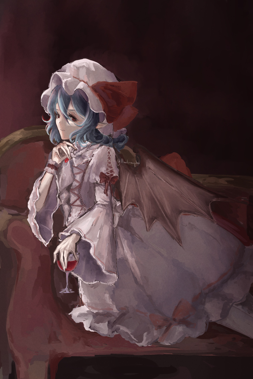 1girl, 1hoshimiyabi, absurdres, alcohol, bat_wings, commentary, cup, dress
