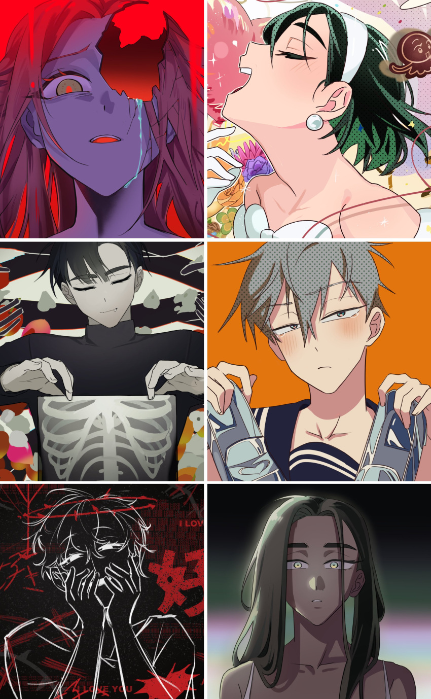 3boys, 3girls, absurdres, alien_stage, bilingual_text, black_hair, black_shirt, blush