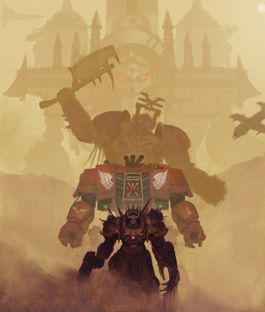 3boys, absurdres, adeptus_astartes, aircraft, airplane, arm_cannon, armor, axe