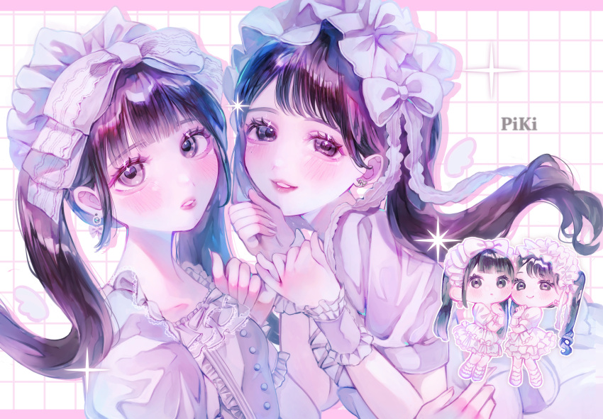 2girls, absurdres, aegyo_sal, amanomiya_megu, animification, black_eyes, black_hair, blunt_bangs, blush, bow, bow_earrings, bow_hairband, brown_eyes, chibi, chibi_inset, collarbone, commentary, dress, earrings, english_commentary, floating_hair, frilled_headwear, frilled_wrist_cuffs, frills, group_name, hairband, hand_up, heart, heart-shaped_pupils, highres, jewelry, kawaii_kaiwai, lips, lolita_fashion, looking_at_viewer, matsumoto_karen, multiple_girls, nail_polish, piki_(group), pinky_swear, puffy_short_sleeves, puffy_sleeves, real_life, ribbon, sakuraba_haruka, short_sleeves, sidelocks, smile, sparkle, swept_bangs, symbol-shaped_pupils, twintails, upper_body, white_bow, white_dress, white_ribbon, wrist_cuffs