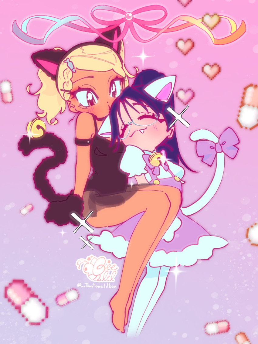 2girls, animal_ears, animal_hands, black_dress, black_hair, blonde_hair, bow, braid